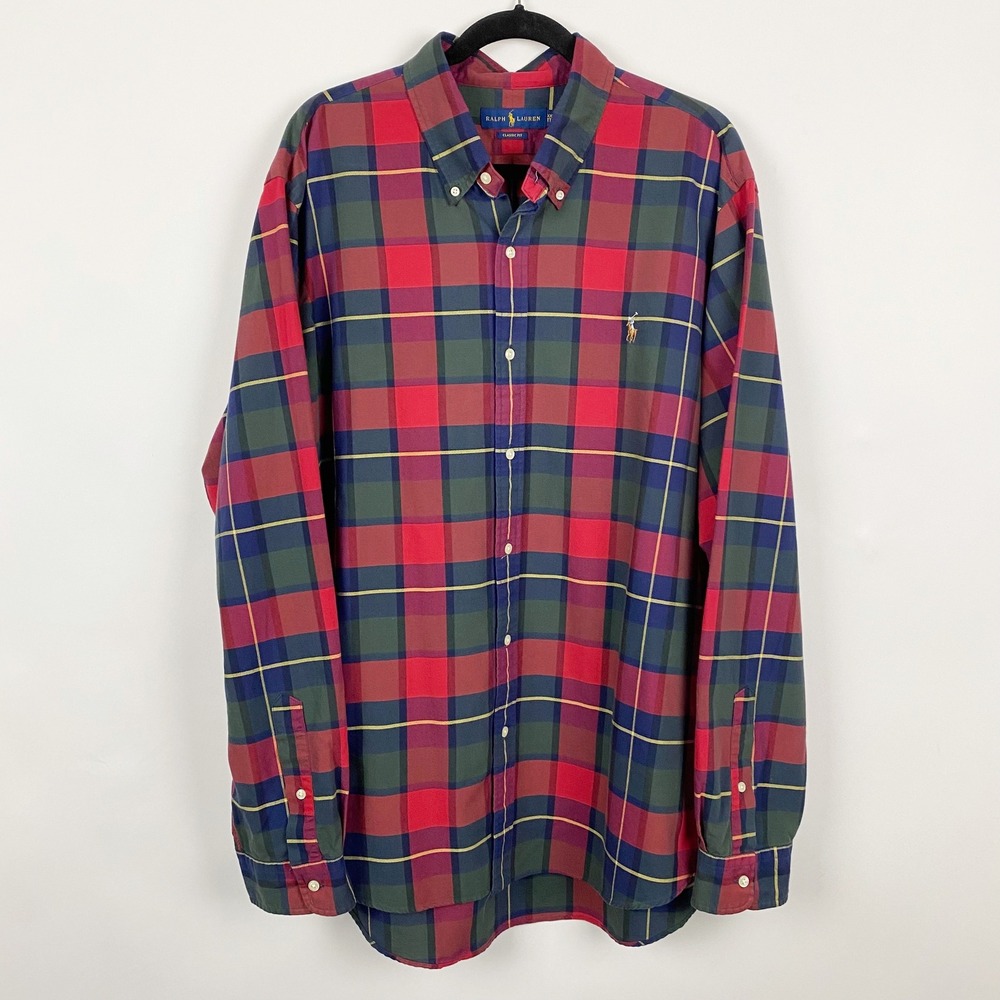 Polo Ralph Lauren Classic Fit Plaid Button Down Shirt Mens XXL Red Green Cotton